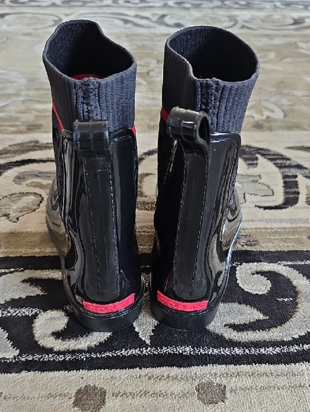 Coach Black Patent Rain Ankle Boots with Gray Monogram and Pink Accent - Picture 4 of 10